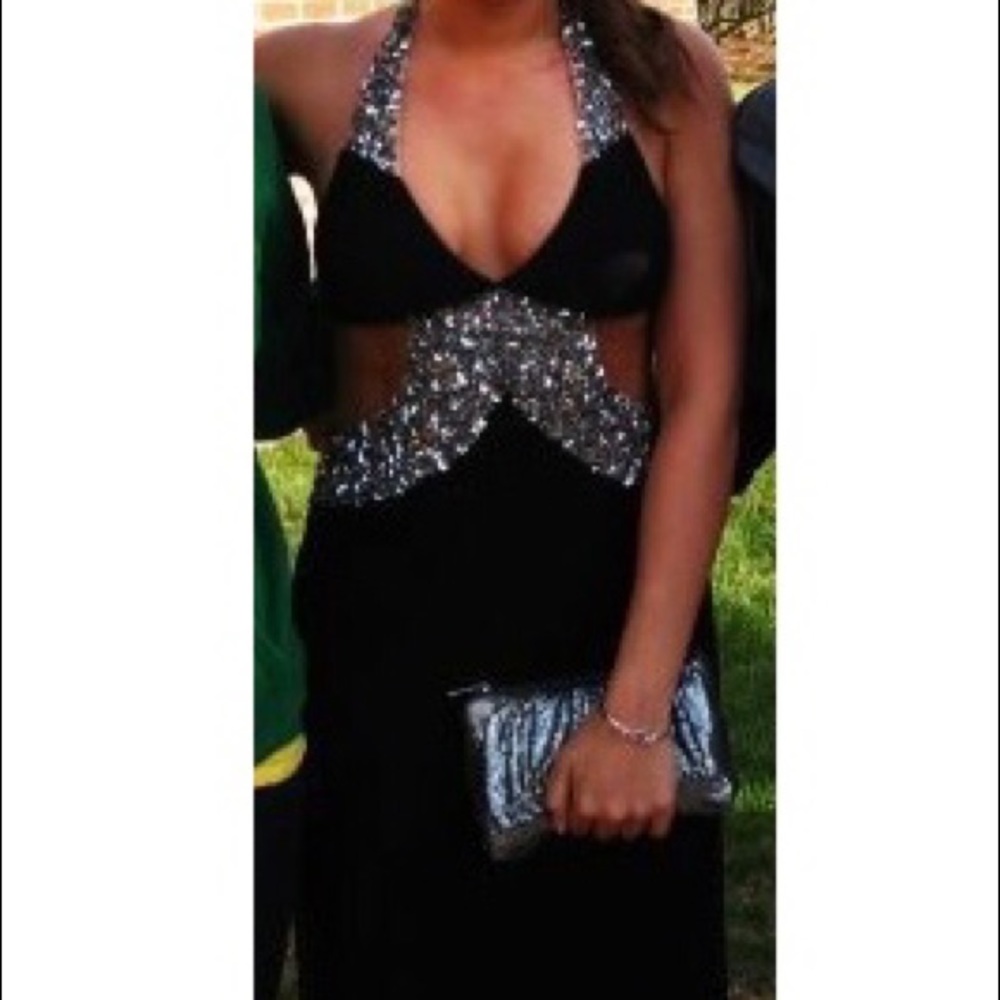 FAVIANA Black & Silver Formal Halter Dress